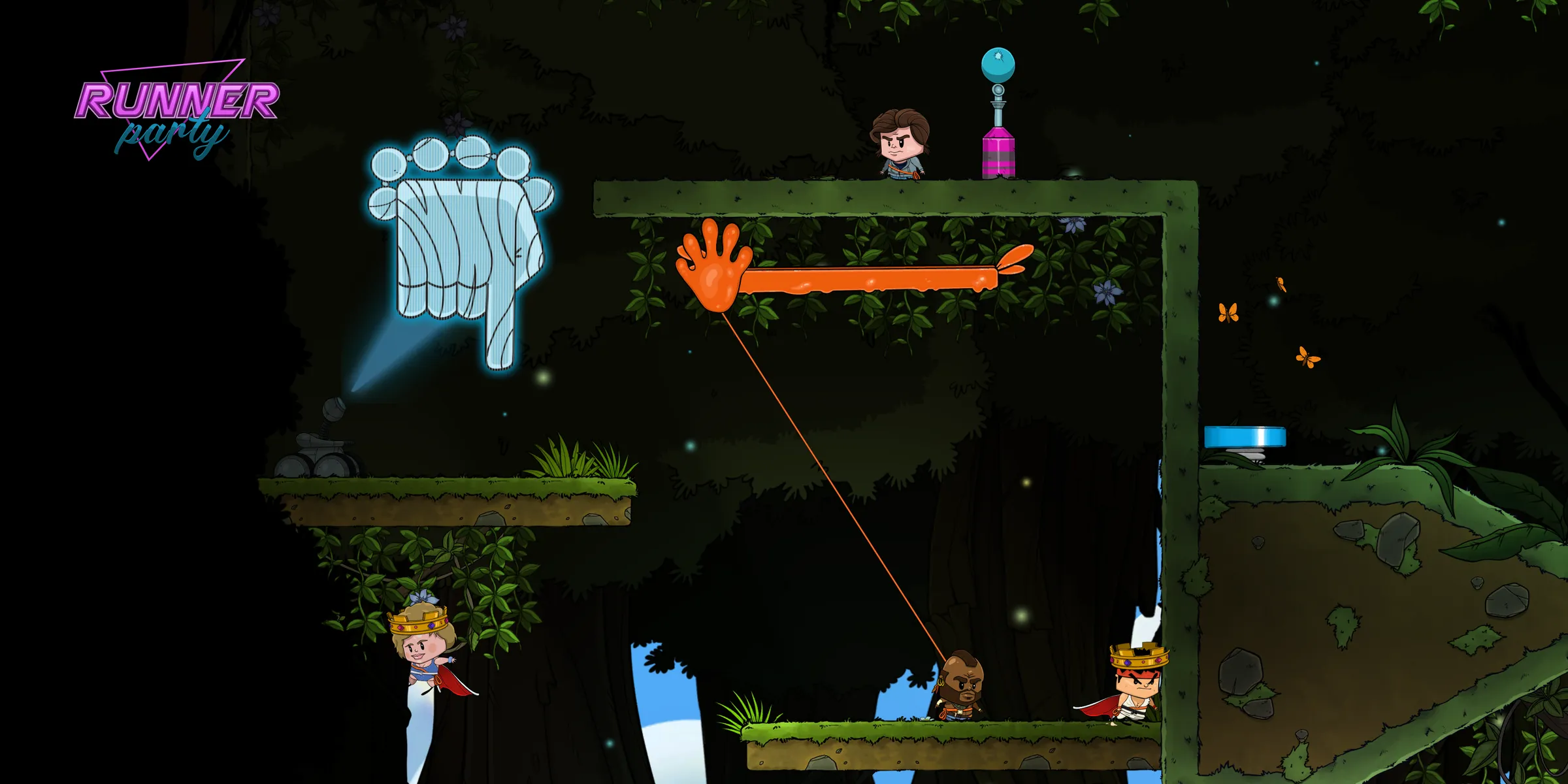 Four Runner Party characters in a jungle level; one of them swings from an orange grappling hook attached to a platform.